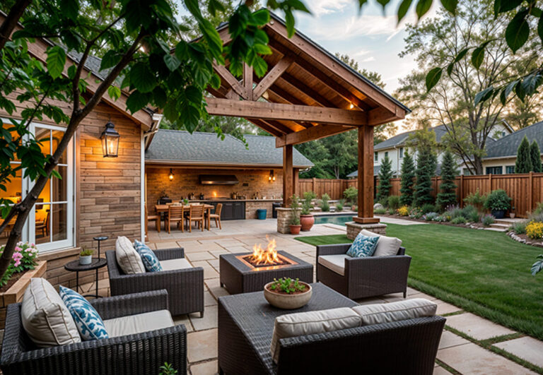 A charming backyard with a fire pit and stylish patio furniture, creating a welcoming space for socializing and enjoying nature.