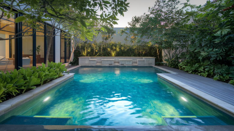 A serene backyard pool surrounded by greenery and modern architecture.