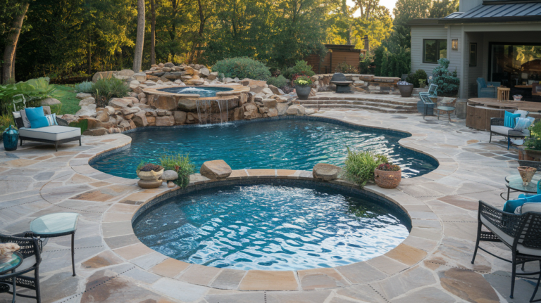 A serene backyard pool with a hot tub and rock waterfall.