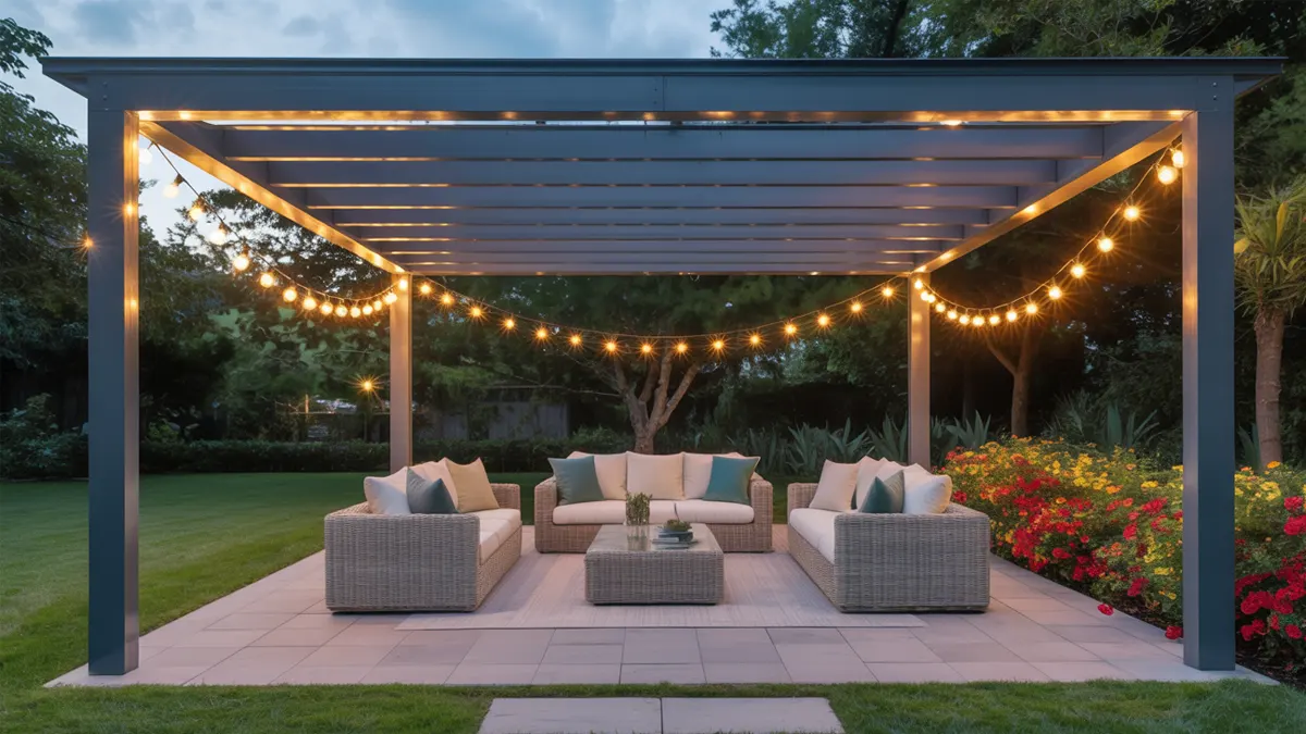 Outdoor pergola seating area with string lights