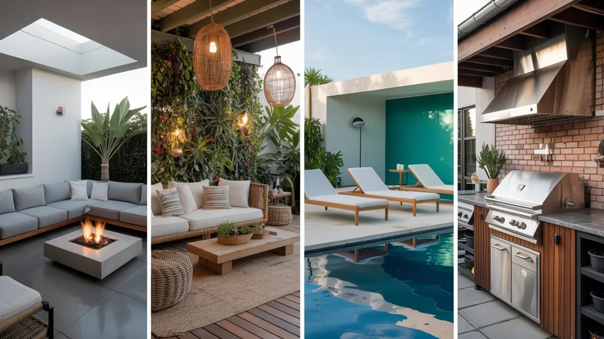 Outdoor seating, lush greenery, pool, barbecue area.