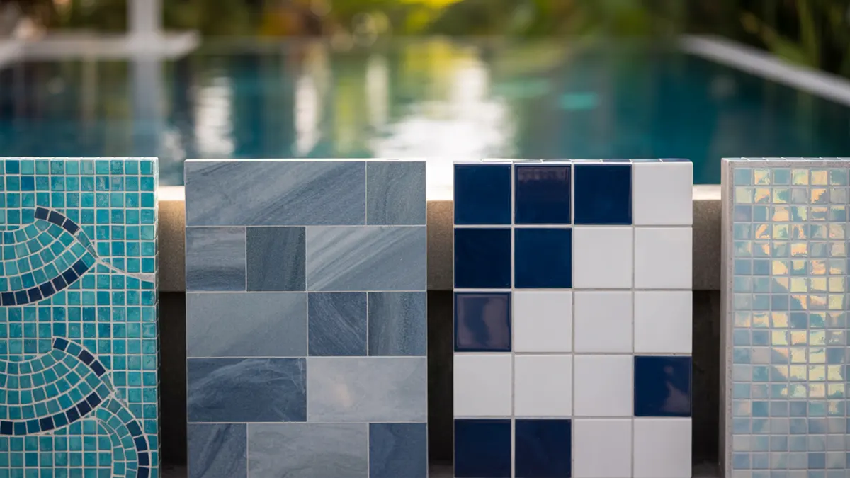 Four tile samples by a swimming pool.