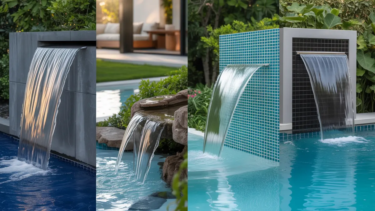 Three modern swimming pool waterfall designs.