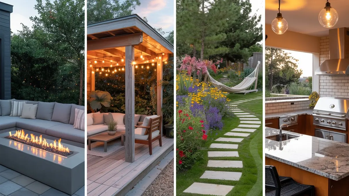 Outdoor seating, pergola, garden path, outdoor kitchen.