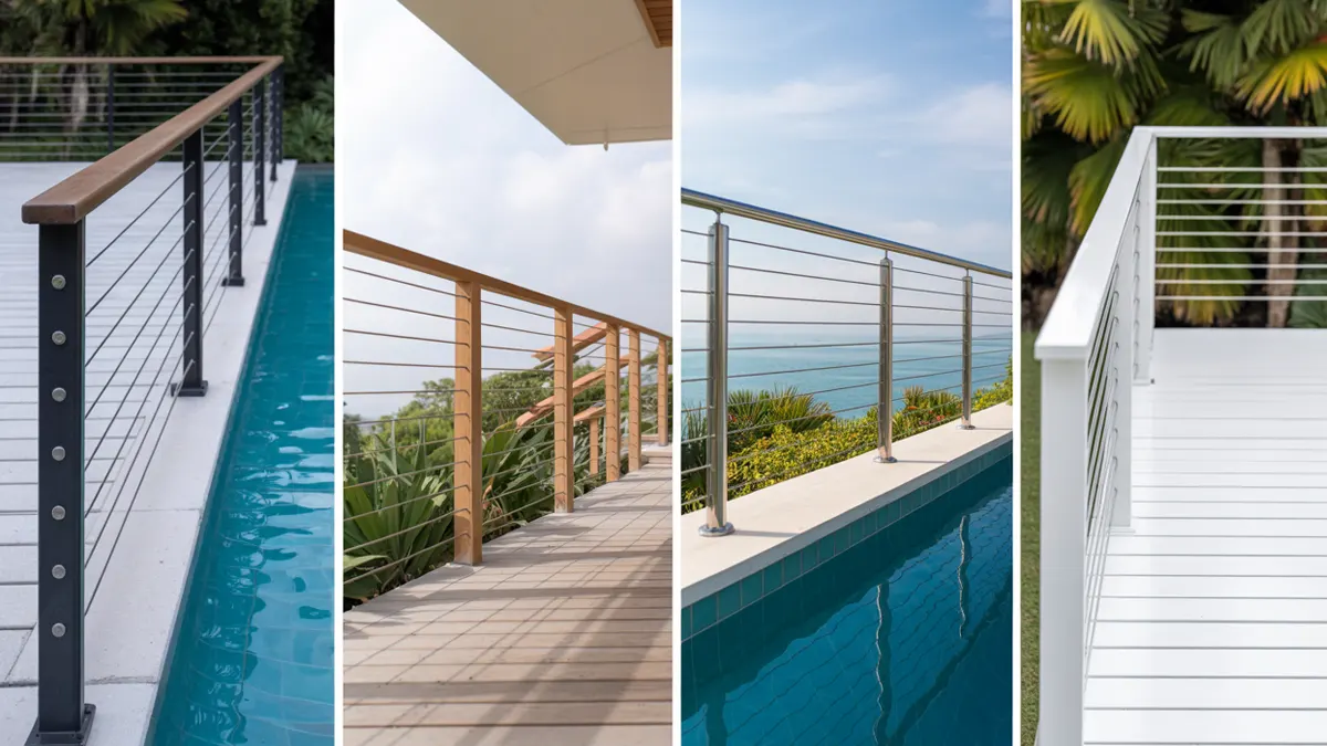 Modern cable railing designs by poolsides.