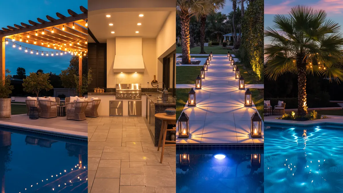 Outdoor evening scenes with lighting and pool.