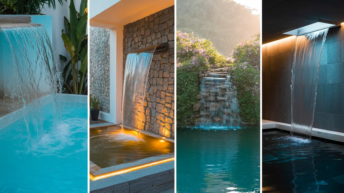 Four different waterfall designs in pools.