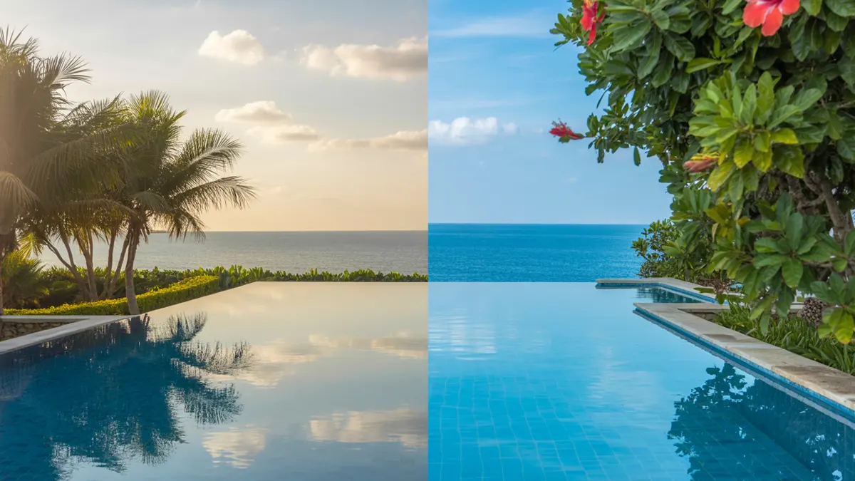 Infinity pool overlooking ocean with lush greenery.